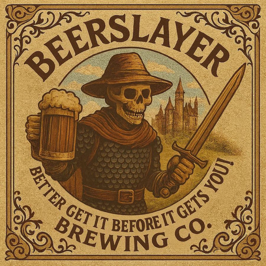 Beerslayer Brewing Co. — a chainmail-clad skeletal knight holding a foaming mug of beer and a sword, encircled by the words 'Better get it before it gets you!'