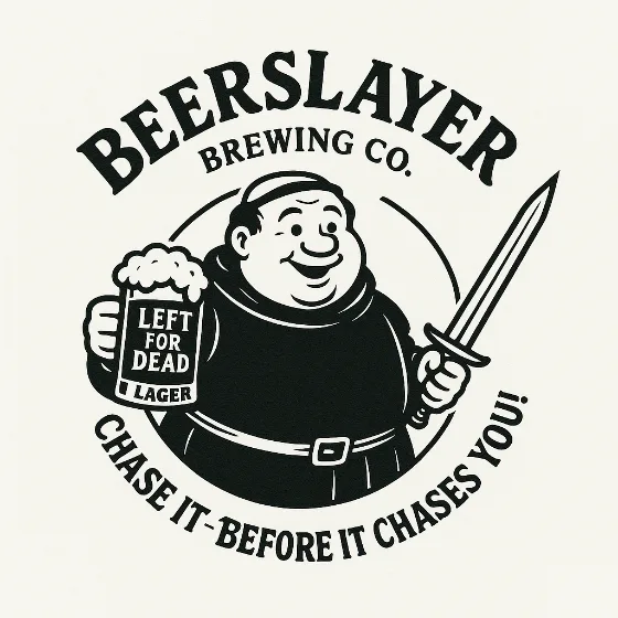 Left for Dead Lager label — a grinning monk brewer holding a foaming tankard and a sword