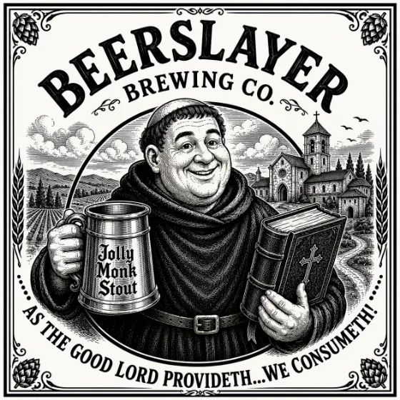 Jolly Monk Stout label — a vintage monastery brewery label with a monk, tankard, and book